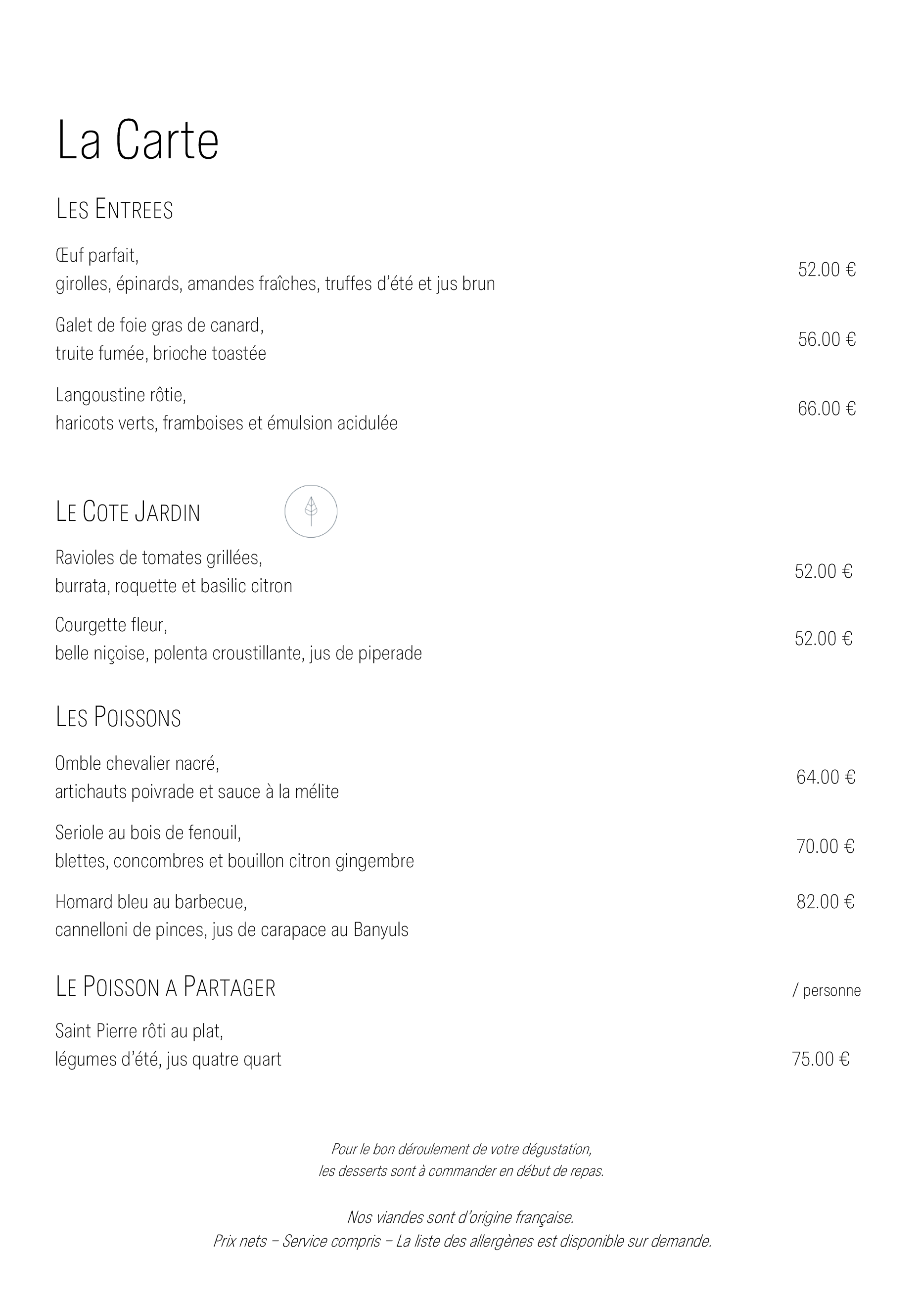menu La Carte  page 1