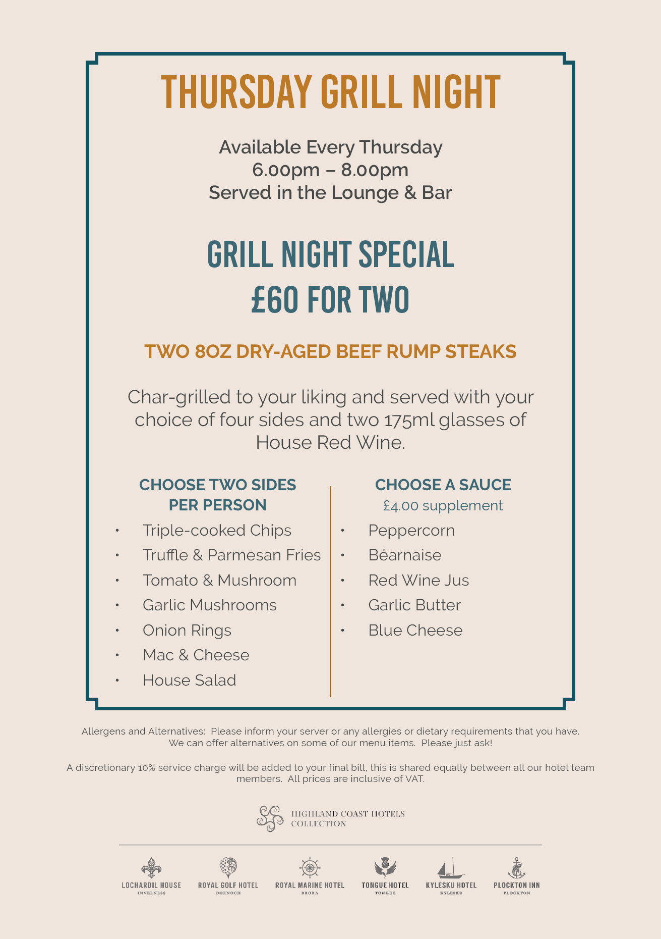 menu Thursday Grill Night for The Curing Yard Restaurant at Highland Coast Hotels page 1